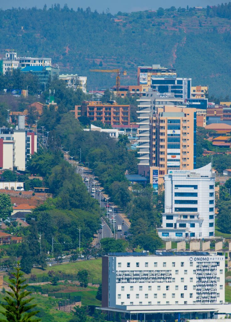 An aerial shot showcasing the modern skyline and architecture of Kigali, Rwanda.